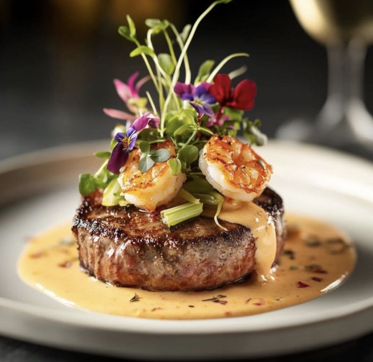Filet with shrimp and micro herbs in a cream sauce