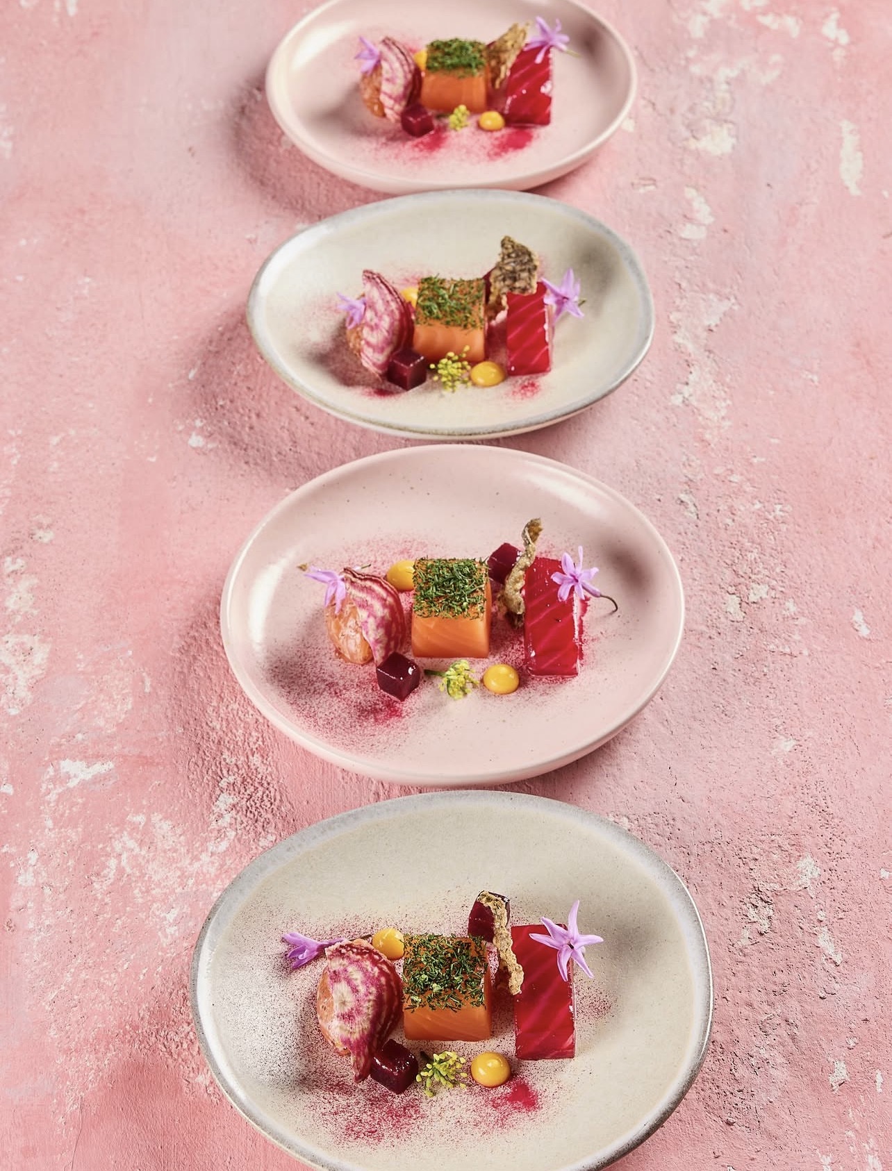 Cured salmon and beetroot courses plated in sequence