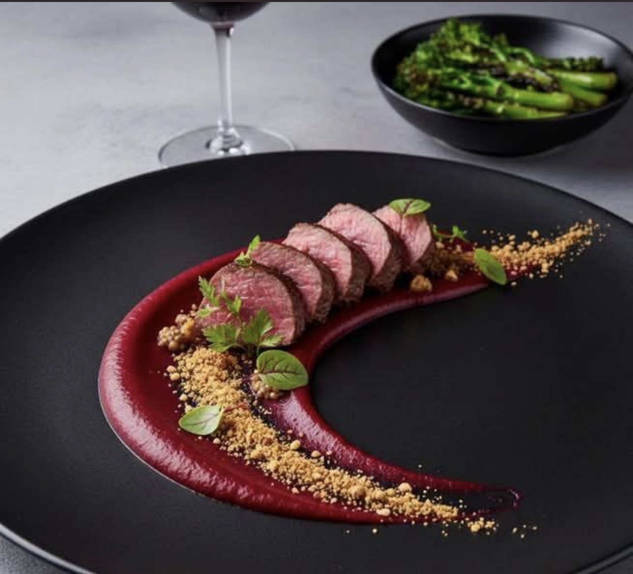 Beef course plated for a private tasting menu