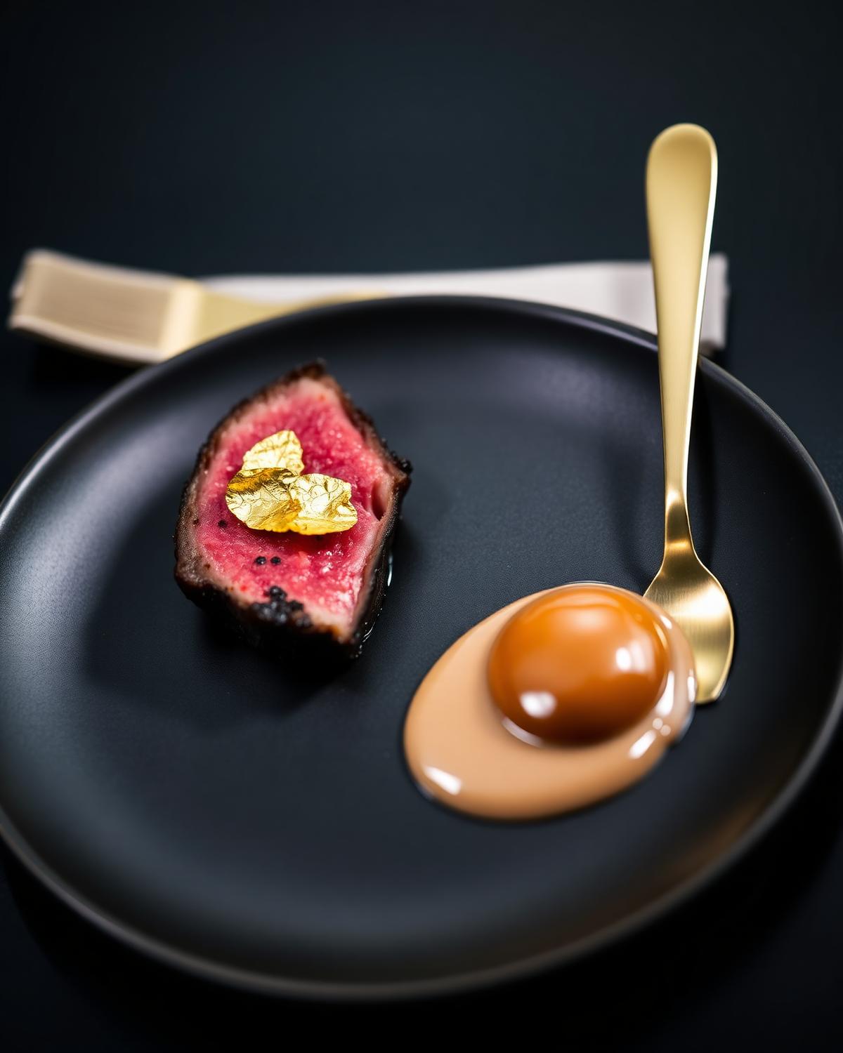 Plated tasting course finished with gold leaf