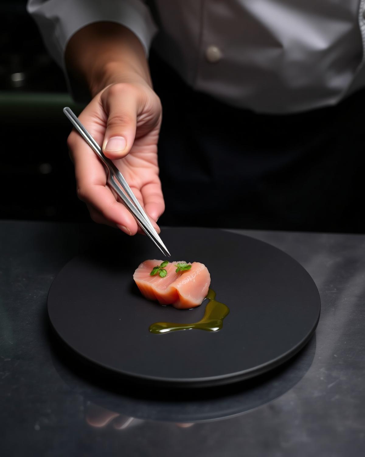 Chef plating a crudo course