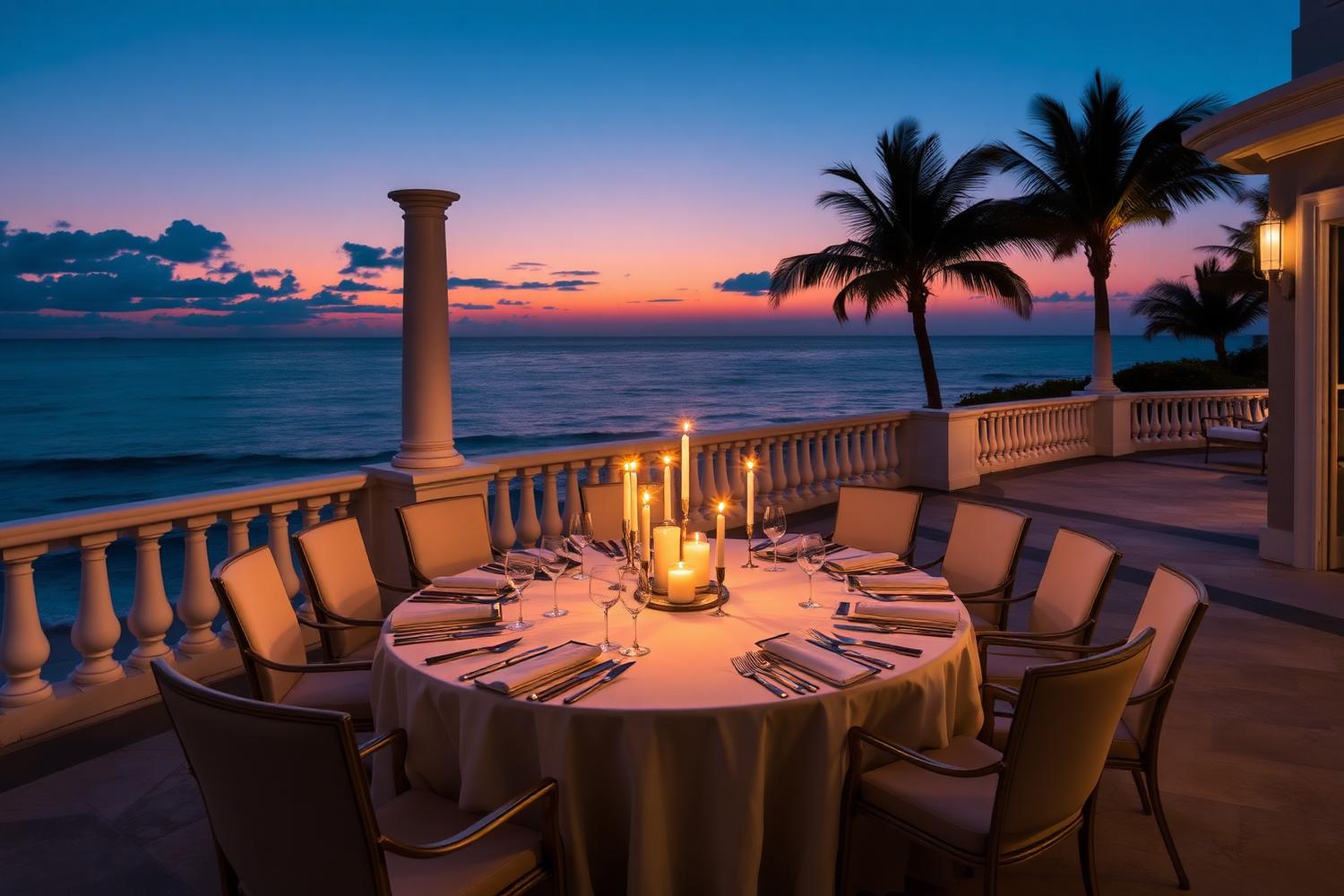 Oceanfront terrace prepared for a private dinner at dusk